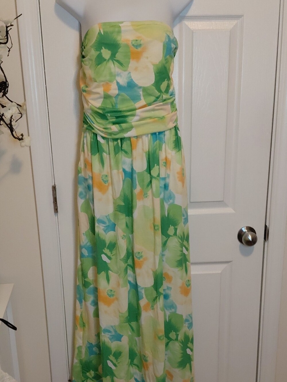 Grace Karin Strapless Floral Maxi Dress in Green, Blue and Cream